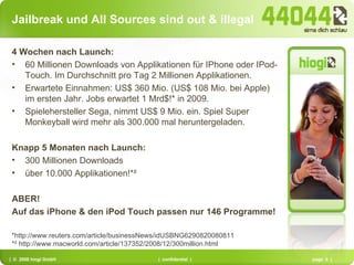 Jailbreak und All Sources sind out & illegal 4 Wochen nach Launch:  60 Millionen Downloads von Applikationen für IPhone oder IPod-Touch. Im Durchschnitt pro Tag 2 Millionen Applikationen. Erwartete Einnahmen: US$ 360 Mio. (US$ 108 Mio. bei Apple) im ersten Jahr. Jobs erwartet 1 Mrd$!* in 2009. Spielehersteller Sega, nimmt US$ 9 Mio. ein. Spiel Super Monkeyball wird mehr als 300.000 mal heruntergeladen. Knapp 5 Monaten nach Launch:  300 Millionen Downloads über 10.000 Applikationen!*² ABER!  Auf das iPhone & den iPod Touch passen nur 146 Programme! *http://www.reuters.com/article/businessNews/idUSBNG6290820080811  *² http://www.macworld.com/article/137352/2008/12/300million.html 