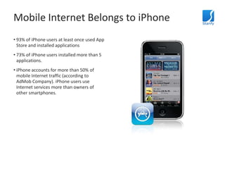 Mobile Internet Belongs to iPhone<br />93% of iPhone users at least once used App Store and installed applications<br />73...