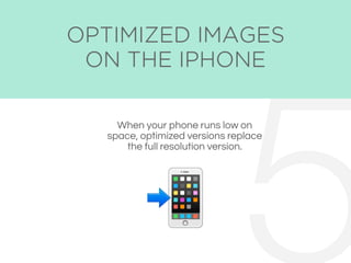 When your phone runs low on
space, optimized versions replace
the full resolution version.
5&
OPTIMIZED IMAGES
ON THE IPHONE
 