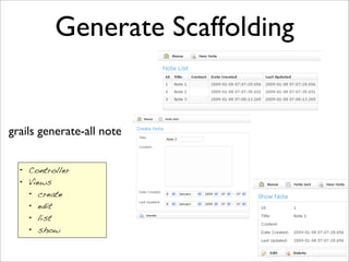 Generate Scaffolding


grails generate-all note


  • Controller
  • Views
    • create
    • edit
    • list
    • show
 