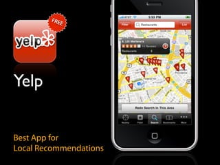 FRE
           E




Yelp


Best App for
Local Recommendations
 