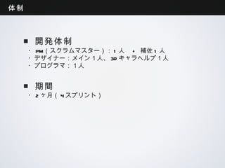 体制



 ■開発体制
     ・PM（スクラムマスター）：1人 + 補佐1人
     ・デザイナー：メイン１人、3Dキャラヘルプ１人
     ・プログラマ：１人


 ■期間
     ・2ヶ月（4スプリント）
 