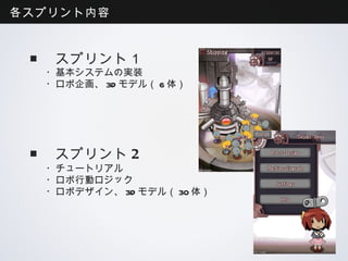 各スプリント内容



 ■ スプリント１
  ・基本システムの実装
  ・ロボ企画、3Dモデル（6体）




  ■ スプリント2
  ・チュートリアル
  ・ロボ行動ロジック
  ・ロボデザイン、3Dモデル（30体）
 