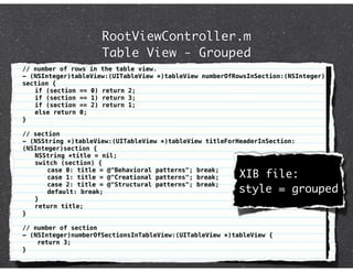 RootViewController.m
                     Table View - Grouped
// number of rows in the table view.
- (NSInteger)tableView:(UITableView *)tableView numberOfRowsInSection:(NSInteger)
section {
! if (section == 0) return 2;
! if (section == 1) return 3;
! if (section == 2) return 1;
! else return 0;
}

// section
- (NSString *)tableView:(UITableView *)tableView titleForHeaderInSection:
(NSInteger)section {
! NSString *title = nil;
! switch (section) {
! ! case 0: title = @"Behavioral patterns"; break;
! ! case 1: title = @"Creational patterns"; break;       XIB file:
! ! case 2: title = @"Structural patterns"; break;
! ! default: break;                                      style = grouped
! }
! return title;
}

// number of section
- (NSInteger)numberOfSectionsInTableView:(UITableView *)tableView {
    return 3;
}
 