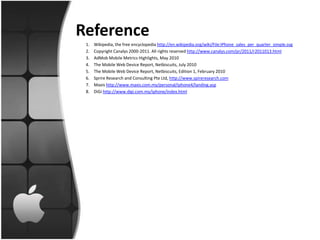 Reference
 1.   Wikipedia, the free encyclopedia http://en.wikipedia.org/wiki/File:IPhone_sales_per_quarter_simple.svg
 2.   Copyright Canalys 2000-2011. All rights reserved http://www.canalys.com/pr/2011/r2011013.html
 3.   AdMob Mobile Metrics Highlights, May 2010
 4.   The Mobile Web Device Report, Netbiscuits, July 2010
 5.   The Mobile Web Device Report, Netbiscuits, Edition 1, February 2010
 6.   Sprire Research and Consulting Pte Ltd, http://www.spireresearch.com
 7.   Maxis http://www.maxis.com.my/personal/iphone4/landing.asp
 8.   DiGi http://www.digi.com.my/iphone/index.html
 