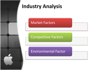 Industry Analysis

   Market Factors


   Competitive Factors


   Environmental Factor
 
