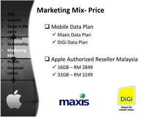 • Size
                  Marketing Mix- Price
• Growth
• Stage in life      Mobile Data Plan
  cycle
                        Maxis Data Plan
• Cyclicity
• Seasonality           DiGi Data Plan
• Marketing
  Mix
• Profits            Apple Authorized Reseller Malaysia
• Financial             16GB – RM 2849
  ratios                32GB – RM 3249
 