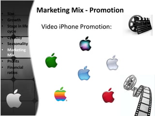 • Size
                  Marketing Mix - Promotion
• Growth
• Stage in life    Video iPhone Promotion:
  cycle
• Cyclicity
• Seasonality
• Marketing
  Mix
• Profits
• Financial
  ratios
 