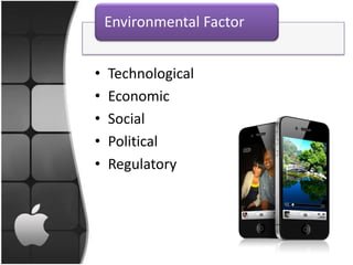 Environmental Factor


•   Technological
•   Economic
•   Social
•   Political
•   Regulatory
 