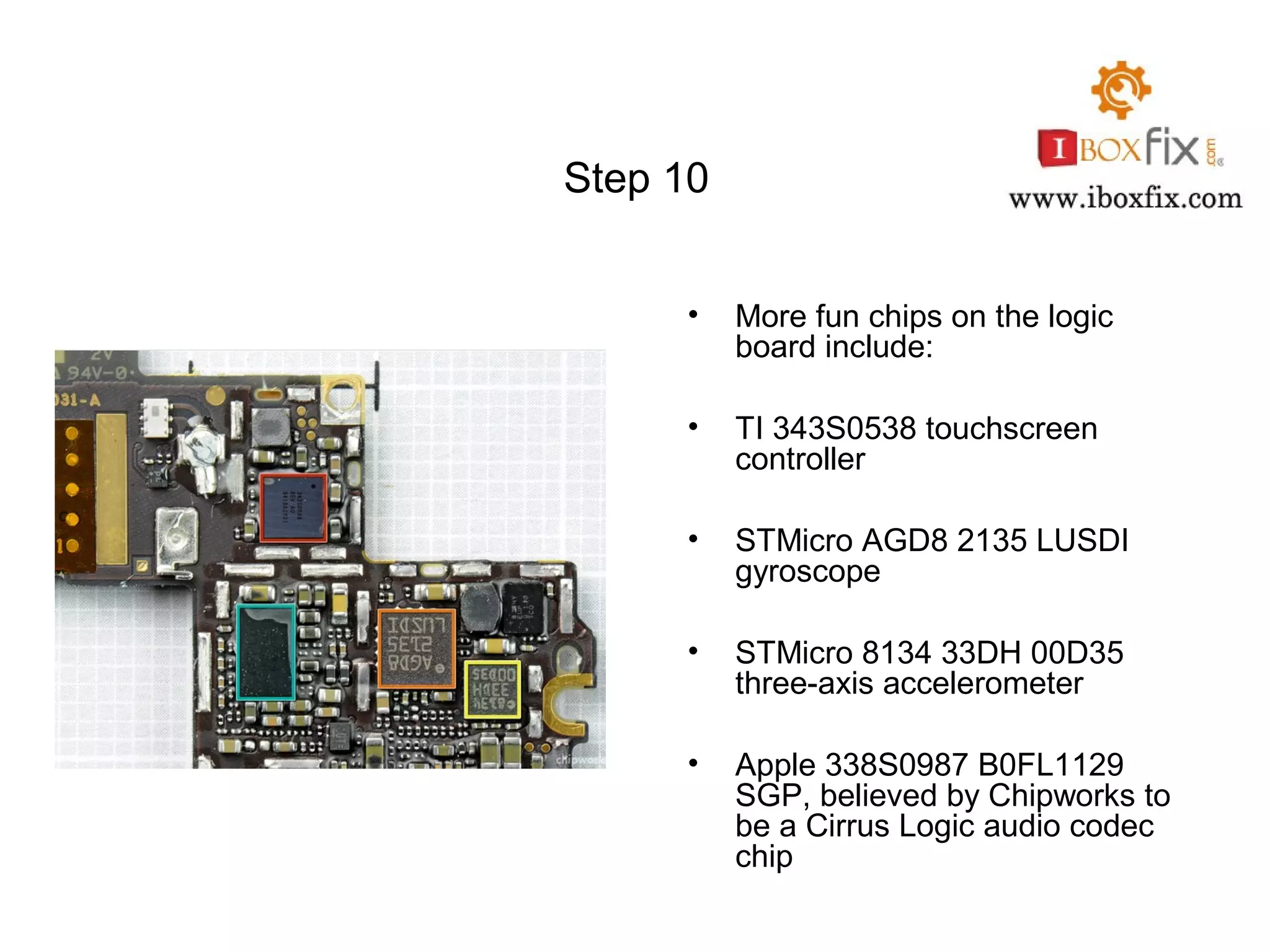 Step 10
• More fun chips on the logic
board include:
• TI 343S0538 touchscreen
controller
• STMicro AGD8 2135 LUSDI
gyroscope
• STMicro 8134 33DH 00D35
three-axis accelerometer
• Apple 338S0987 B0FL1129
SGP, believed by Chipworks to
be a Cirrus Logic audio codec
chip
 