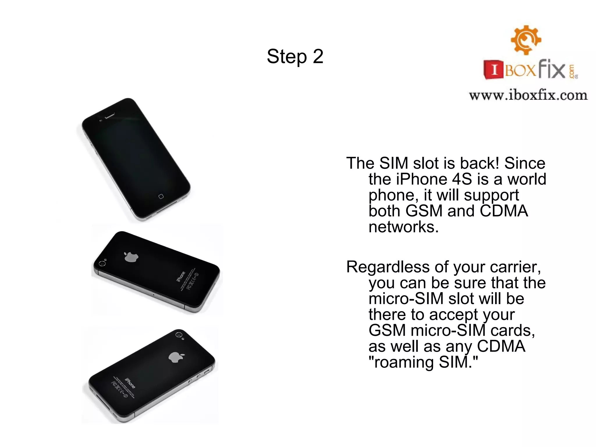 Step 2
The SIM slot is back! Since
the iPhone 4S is a world
phone, it will support
both GSM and CDMA
networks.
Regardless of your carrier,
you can be sure that the
micro-SIM slot will be
there to accept your
GSM micro-SIM cards,
as well as any CDMA
"roaming SIM."
 