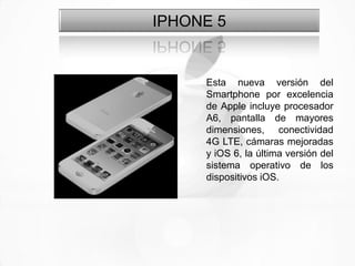 IPHONE 5


     Esta nueva versión del
     Smartphone por excelencia
     de Apple incluye procesador
     A6, pantalla de mayores
     dimensiones, conectividad
     4G LTE, cámaras mejoradas
     y iOS 6, la última versión del
     sistema operativo de los
     dispositivos iOS.
 