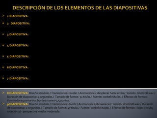  1 DIAPOSITIVA: Diseño: modulo./ Audio de archivo: my humps./ Transiciones: desvanecer./ Animaciones: impulso./
  Sonido: camera Wall./ Duración diapositiva: 2 segundos. / Tamaño de fuente: 18./ Fuente: corbel (títulos).
 2 DIAPOSITIVA: Diseño: modulo./ Audio: grabado/ Transiciones: dividir./ Animaciones: aparecer./ Sonido:
  drumroll.wav / Duración diapositiva: 4 segundos./ Tamaño de fuente: 42 titulo, 14 texto./ Fuente: corbel ( títulos),
  (cuerpo). / Efecto de forma: reflexión-fuerte, bordes suaves-1punto.
 3 DIAPOSITIVA: Diseño: modulo./ Transiciones: dividir./ Animaciones: zoom./ Sonido: drumroll.wav./ Duración de
  diapositiva: 4 segundos./ Tamaño de fuente: 36./ Fuente: corbel (títulos)./ Efectos de formas: reflexión- semireflejo,
  bisel-circulo.
 4 DIAPOSITIVA: Diseño: modulo./ Transiciones: empuje./ Animaciones: dividir./ Sonido: drumroll.wav./ Duración de
  diapositiva: 4 segundos./ Tamaño de fuente: 42 titulo, 14 texto./ Fuente: corbel (títulos),(cuerpo)./ Efectos de formas:
  bordes suaves- 1 punto, bisel-circulo.
 5 DIAPOSITIVA: Diseño: modulo./ Transiciones: mostrar./ Animaciones: girar./ Sonido: drumroll.wav./ Duración de
  diapositiva: 2 segundos./ Tamaño de fuente: 47./ Fuente: corbel (títulos)./ Efectos de formas: bordes suaves- 2,5
  puntos, sombra-exterior.
 6 DIAPOSITIVA: Diseño: modulo./ Transiciones: forma./ Animaciones: forma./ Sonido: drumroll.wav./ Duración de
  diapositiva: 2 segundos./ Tamaño de fuente: 47 titulo./ Fuente: corbel (títulos)./ Efectos de formas: sombra-exterior,
  rotación 3d- perspectiva frontal.
 7 DIAPOSITIVA: Diseño: modulo./ Transiciones: dividir./ Animaciones: múltiple./ Video desde sitio web: YouTube./
  Duración de diapositiva: 10 segundos./ Tamaño de fuente: 47 titulo./ Fuente: corbel (títulos)./ Efectos de formas:
  reflexión-reflejo fuerte, bisel-bajo relieve medio.

 8 DIAPOSITIVA: Diseño: modulo./ Transiciones: revelar./ Animaciones: desplazar hacia arriba/ Sonido: drumroll.wav./
  Duración de diapositiva: 2 segundos./ Tamaño de fuente: 32 titulo./ Fuente: corbel (títulos)./ Efectos de formas:
  iluminado-aguamarina, bordes suaves-2,5 puntos.
 9 DIAPOSITIVA: Diseño: modulo./ Transiciones: dividir./ Animaciones: desvanecer/ Sonido: drumroll.wav./ Duración
  de diapositiva: 2 segundos./ Tamaño de fuente: 47 titulo./ Fuente: corbel (títulos)./ Efectos de formas: : bisel-circulo,
  rotación 3d- perspectiva media moderada.
 