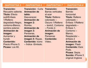 DIAPOSITIVA 5        DIAPOSITIVA 6        DIAPOSITIVA 7        DIAPOSITIVA 8
Transición:          Transición: Cuña     Transición:          Transición:
Recuadro saliente.   Animación de         Barras verticales    Barrido
Titulo: Efecto       tabla:               al azar              horizontal.
sutil/Enfasis        Desvanecer.          Titulo: Relleno      Titulo: Relleno
1/Relleno            Animación de         coloreado –          coloreado –
degradado-Negro,     Imagen 2:            Oscuro 1/Relleno     Énfasis 1/Relleno
contorno-Blanco,     Rombo.               – texto2, Contorno   degradado –
sombra exterior.     Animación de         – Fondo 2.           Énfasis 1,
Animación de         imagen 3:            Animación de         Contorno –
imagen:              Persianas.           imagen:              Blanco,
Aumentar y           Animación de         Persianas            Resplandor –
hundir.              imagen 4: Rayas.     Contenido:           énfasis 2
Contenido:           Contenido: Icono     Video.               Animación de
Precio iPhone 5.     – Índice -Símbolo.                        imagen: Flash
Picasa: Los 60.                                                Contenido: Ears
                                                               Pods.
                                                               Picasa: Sepia.
                                                               Sonido: iPhone 5
                                                               original ringtone
 