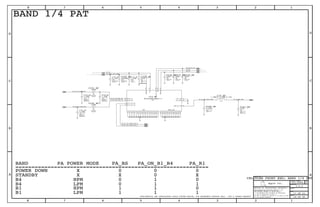 IN
OUT
OUT
IN
IN
IN
IN
BI
IN
IN
ANT_B1_B4
CPL_OUT
THRM_PADGND
RX_N_B1_B4
RX_P_B1_B4
RFIN_B4
RFIN_B1
VBATT
VCC
VEN_B1_B4
CPL_IN
BS
VMODE
Apple Inc.
THE INFORMATION CONTAINED HEREIN IS THE
PROPRIETARY PROPERTY OF APPLE INC.
124578
B
D
8 7 6 5 4 3
C
B
A
NOTICE OF PROPRIETARY PROPERTY:
PAGE
12
D
A
C
PAGE TITLE
SHEET
IV ALL RIGHTS RESERVED
R
D
SIZEDRAWING NUMBER
REVISION
BRANCH
6 3
THE POSESSOR AGREES TO THE FOLLOWING:
I TO MAINTAIN THIS DOCUMENT IN CONFIDENCE
III NOT TO REVEAL OR PUBLISH IT IN WHOLE OR PART
II NOT TO REPRODUCE OR COPY IT
CONFIDENTIAL AND PROPRIETARY APPLE SYSTEM DESIGN. FOR REFERENCE PURPOSE ONLY - NOT A CHANGE REQUEST
BAND 1/4 PAT
STANDBY X X 0 X
B1 LPM 1 1 1
B1 HPM 1 1 0
B4 LPM 0 1 1
B4 HPM 0 1 0
POWER DOWN X 0 0 0
============================================================
BAND PA POWER MODE PA_BS PA_ON_B1_B4 PA_R1
NOSTUFF
01005
1.2PF
+/-0.1PF
16V
NP0-C0G
NP0-C0G
25V
5%
27PF
201
NOSTUFF
16V
5%
56PF
01005
NP0-C0G
01005
5%
16V
NP0-C0G
56PF
01005
20%
0.1UF
6.3V
X5R-CERM
01005
10%
X5R-CERM
6.3V
1000PF
20%
6.3V
1.0UF
X5R
0201-1
5%
25V
201
NP0-C0G
27PF
NOSTUFF
LGA
TRIPLEXER-BAND1-4
5%
01005
16V
NP0-C0G
56PF
01005
56PF
5%
16V
NP0-C0G
56PF
5%
16V
01005
NP0-C0G
25V
+/-0.05PF
0201
COG-CERM
0.5PF
0201
1.2NH+/-0.1NH-0.75A
NOSTUFF
01005
1.2PF
16V
NP0-C0G
+/-0.1PF
NOSTUFF
01005
16V
NP0-C0G
+/-0.1PF
1.2PF
CELLULAR FRONT END: BAND 1/4 PAT
50_B1_B4_DPLX_ANT
50_B1_TX_SAW_OUT
50_B1_TX_PAD_IN
50_B1_B4_ANT
100_B1_B4_DUPLX_RX_N
50_B4_TX_SAW_OUT
50_B4_TX_PAD_IN
PA_BS
PP_BATT_VCC_CONN
PA_R1
100_B1_B4_DUPLX_RX_P
PA_ON_B1_B4
PP_PA
051-9584
2.0.0
11 OF 23
34 OF 46
33
32
32
33
2935 36 37 38
29
2935 37 38
2
1 C163_RF
40
2
1 C167_RF1 2
C192_RF
1 2
C191_RF
40 2325263536373839
353637383940
2
1 C164_RF
2
1 C208_RF
2
1 C165_RF
2
1 C209_RF
16
20
33
32
31
35
34
36
38
37
41
39
40
42
19
18
1
2
6
5
3
10
7
11
12
13
14
15
17
23
8
21
9
26
28
29
22
24
27
4
25
30
U14_RF
2
1 C236_RF
2
1 C237_RF
2
1 C238_RF
2
1 C249_RF
21
L70_RF
2
1 C258_RF
2
1 C162_RF
 