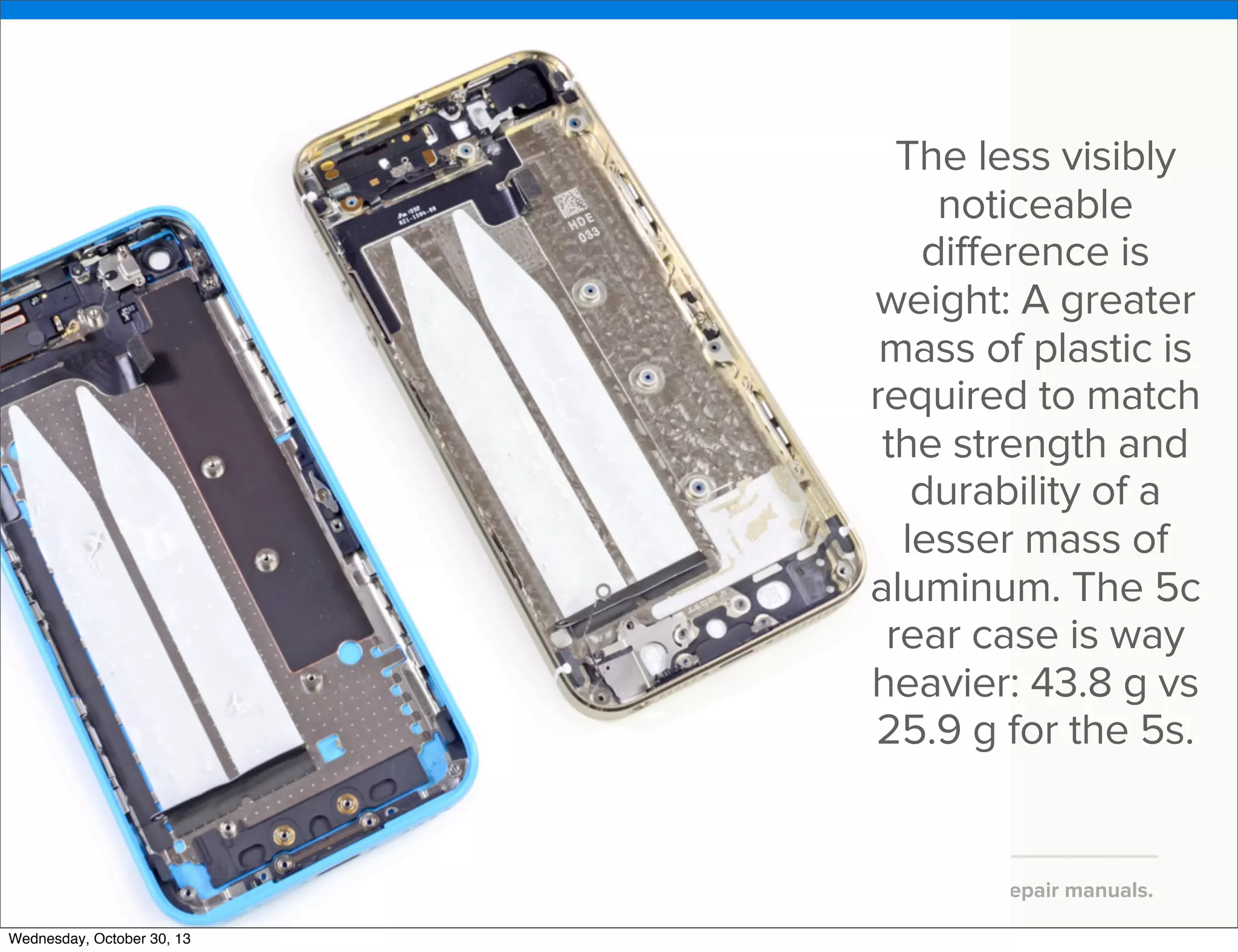 v
The less visibly
noticeable
difference is
weight: A greater
mass of plastic is
required to match
the strength and
durability of a
lesser mass of
aluminum. The 5c
rear case is way
heavier: 43.8 g vs
25.9 g for the 5s.

v
Wednesday, October 30, 13

Visit iﬁxit.com for thousands of repair manuals.

 