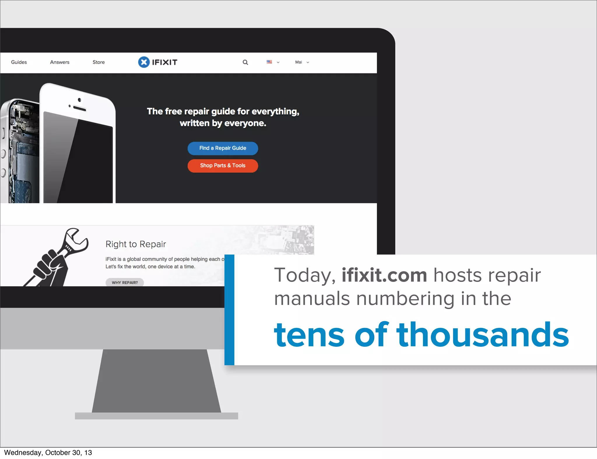 Today, iﬁxit.com hosts repair
manuals numbering in the

tens of thousands
Wednesday, October 30, 13

 