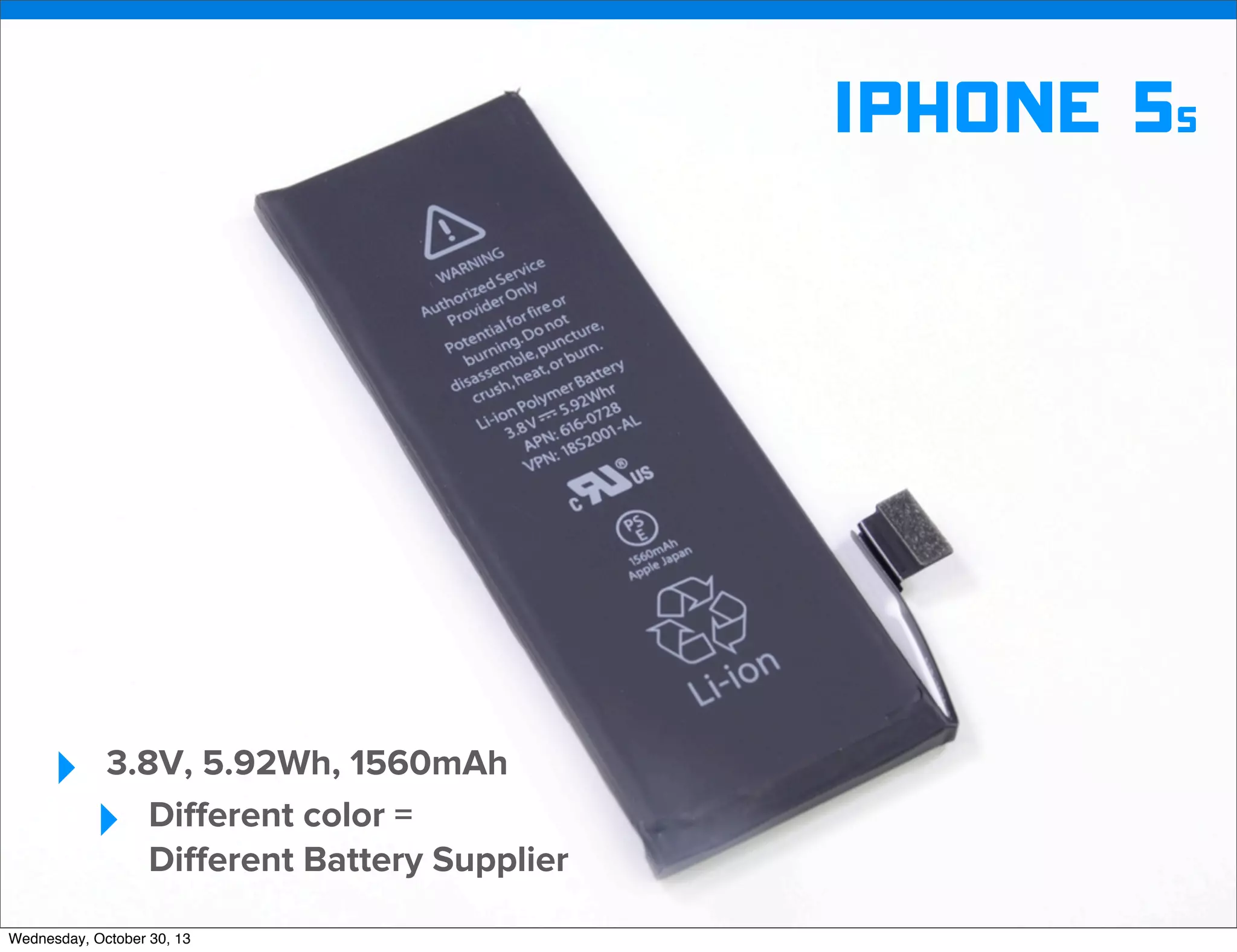 v

iphone 5s

‣

3.8V, 5.92Wh, 1560mAh
Diﬀerent color =
Diﬀerent Battery Supplier

‣

Wednesday, October 30, 13

v

Visit iﬁxit.com for thousands of repair manuals.

 