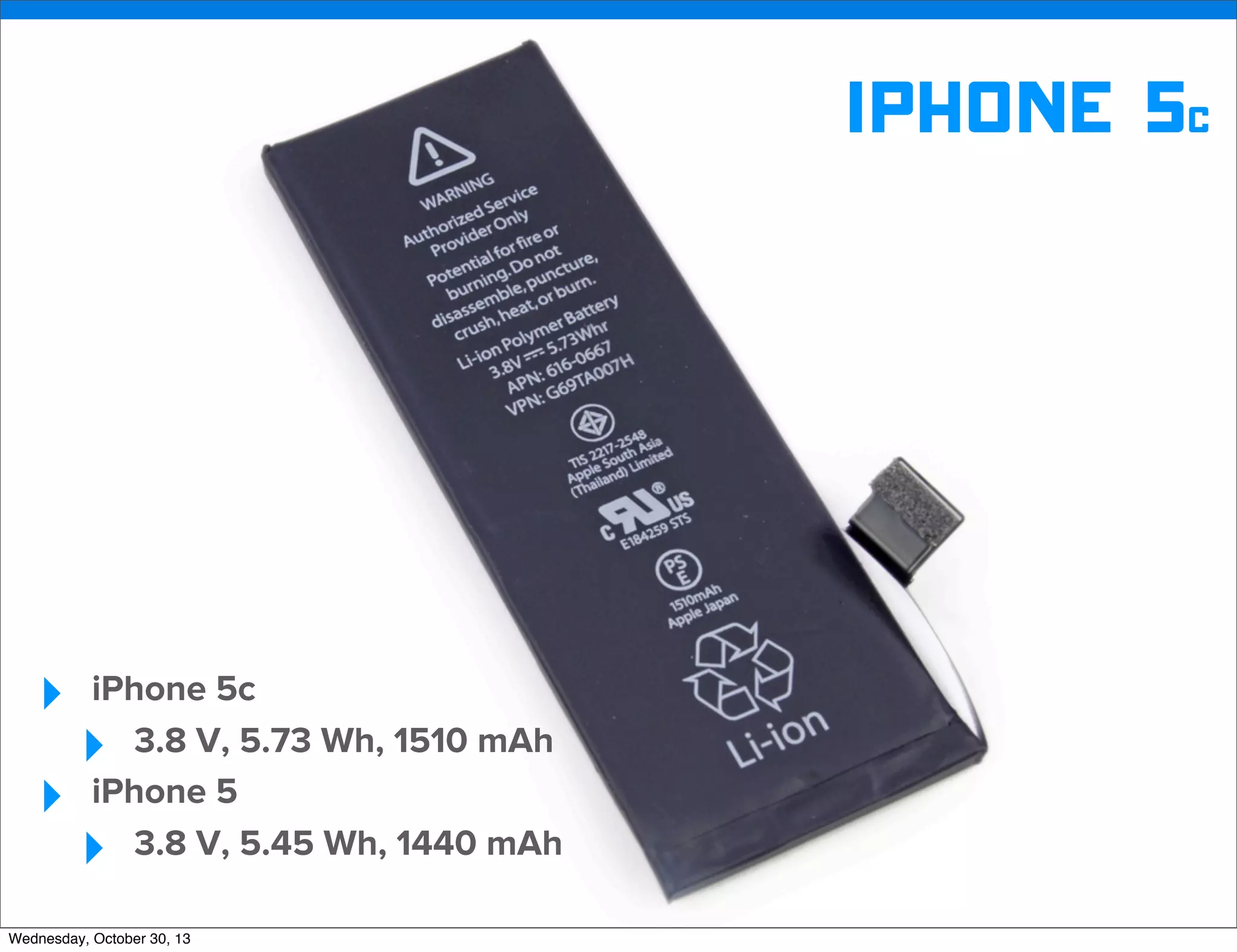v

iphone 5c

‣
‣

iPhone 5c
3.8 V, 5.73 Wh, 1510 mAh
iPhone 5
3.8 V, 5.45 Wh, 1440 mAh

‣
‣

Wednesday, October 30, 13

v

Visit iﬁxit.com for thousands of repair manuals.

 