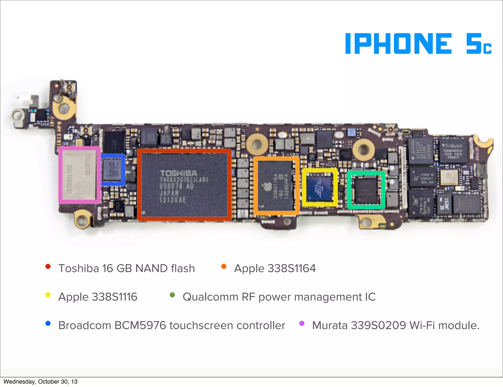 v

iphone 5c

• Toshiba 16 GB NAND ﬂash • Apple 338S1164
• Apple 338S1116 • Qualcomm RF power management IC
• Broadcom BCM5976 touchscreen controller • Murata 339S0209 Wi-Fi module.
v
Wednesday, October 30, 13

Visit iﬁxit.com for thousands of repair manuals.

 