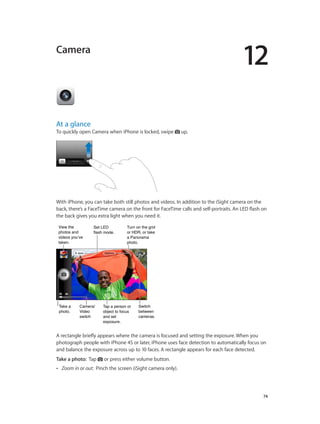 12
		 74
Camera
At a glance
To quickly open Camera when iPhone is locked, swipe up.
With iPhone, you can take both still photos and videos. In addition to the iSight camera on the
back, there’s a FaceTime camera on the front for FaceTime calls and self-portraits. An LED flash on
the back gives you extra light when you need it.
Tap a person or
object to focus
and set
exposure.
Tap a person or
object to focus
and set
exposure.
Switch
between
cameras.
Switch
between
cameras.
Take a
photo.
Take a
photo.
Camera/
Video
switch
Camera/
Video
switch
View the
photos and
videos you’ve
taken.
View the
photos and
videos you’ve
taken.
Set LED
flash mode.
Set LED
flash mode.
Turn on the grid
or HDR, or take
a Panorama
photo.
Turn on the grid
or HDR, or take
a Panorama
photo.
A rectangle briefly appears where the camera is focused and setting the exposure. When you
photograph people with iPhone 4S or later, iPhone uses face detection to automatically focus on
and balance the exposure across up to 10 faces. A rectangle appears for each face detected.
Take a photo:  Tap or press either volume button.
•• Zoom in or out: Pinch the screen (iSight camera only).
 