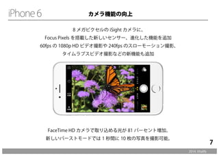8 メガピクセルのiSight カメラに、 
Focus Pixels を搭載した新しいセンサー、進化した機能を追加 
60fps の1080p HD ビデオ撮影や240fps のスローモーション撮影、 
タイムラプスビデオ撮影などの新機能も追加 
FaceTime HD カメラで取り込める光が81 パーセント増加。 
新しいバーストモードでは1 秒間に10 枚の写真を撮影可能。 
2014. Vitalify 
7 
カメラ機能の向上 
 
