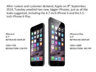 After rumors and customer demand, Apple on 9th September, 
2014, Tuesday unveiled two new, bigger iPhones, just as all the 
leaks suggested, including the 4.7-inch iPhone 6 and the 5.5- 
inch iPhone 6 Plus. 
iPhone 6 
4.7“ 
RETINA HD DISPLAY 
1334 ×750 
RESOLUTION: 326 PPI 
iPhone 6 Plus 
5.5“ 
RETINA HD DISPLAY 
1924 ×1080 
RESOLUTION: 401 PPI 
 