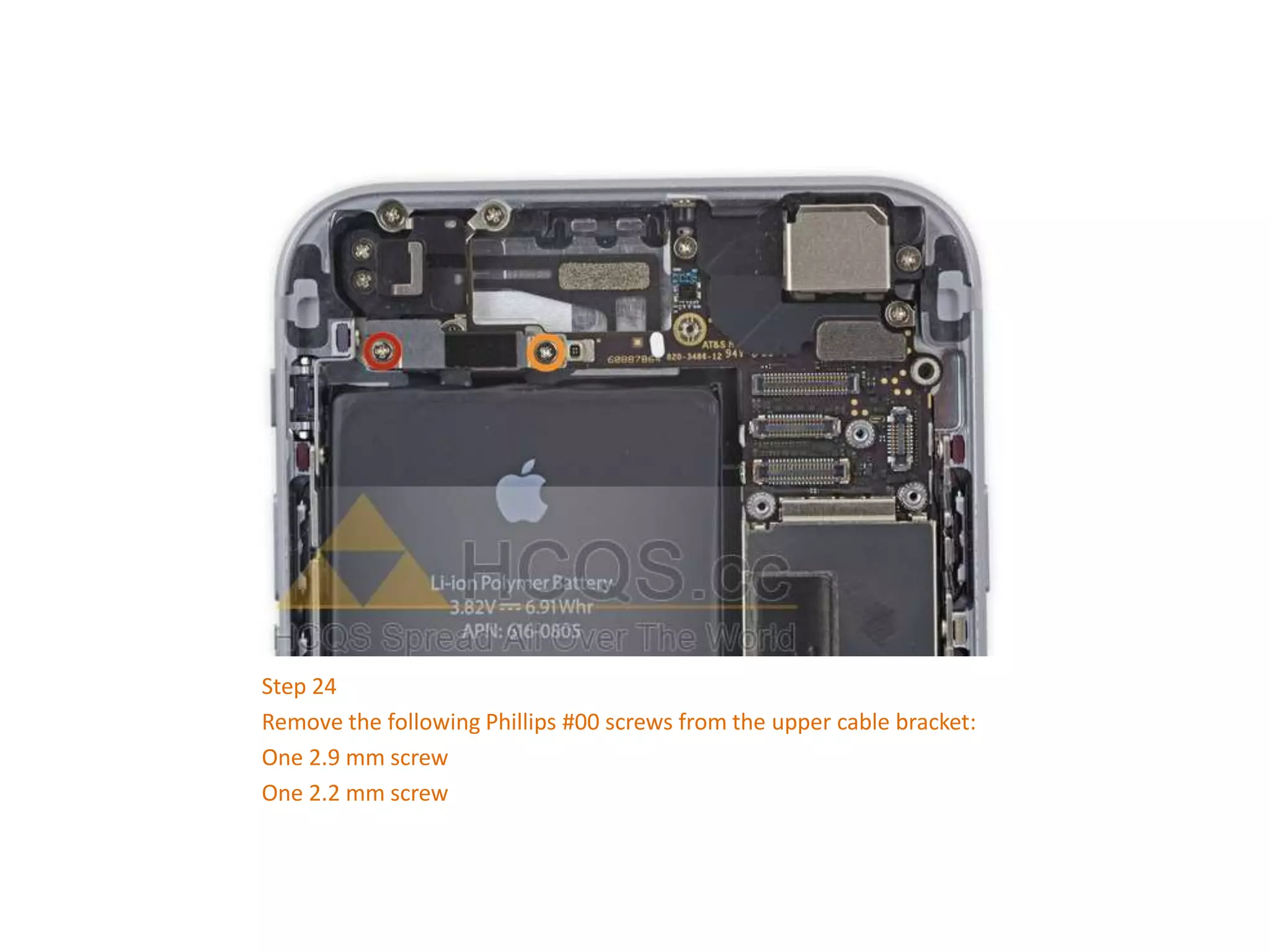 Step 24
Remove the following Phillips #00 screws from the upper cable bracket:
One 2.9 mm screw
One 2.2 mm screw
 