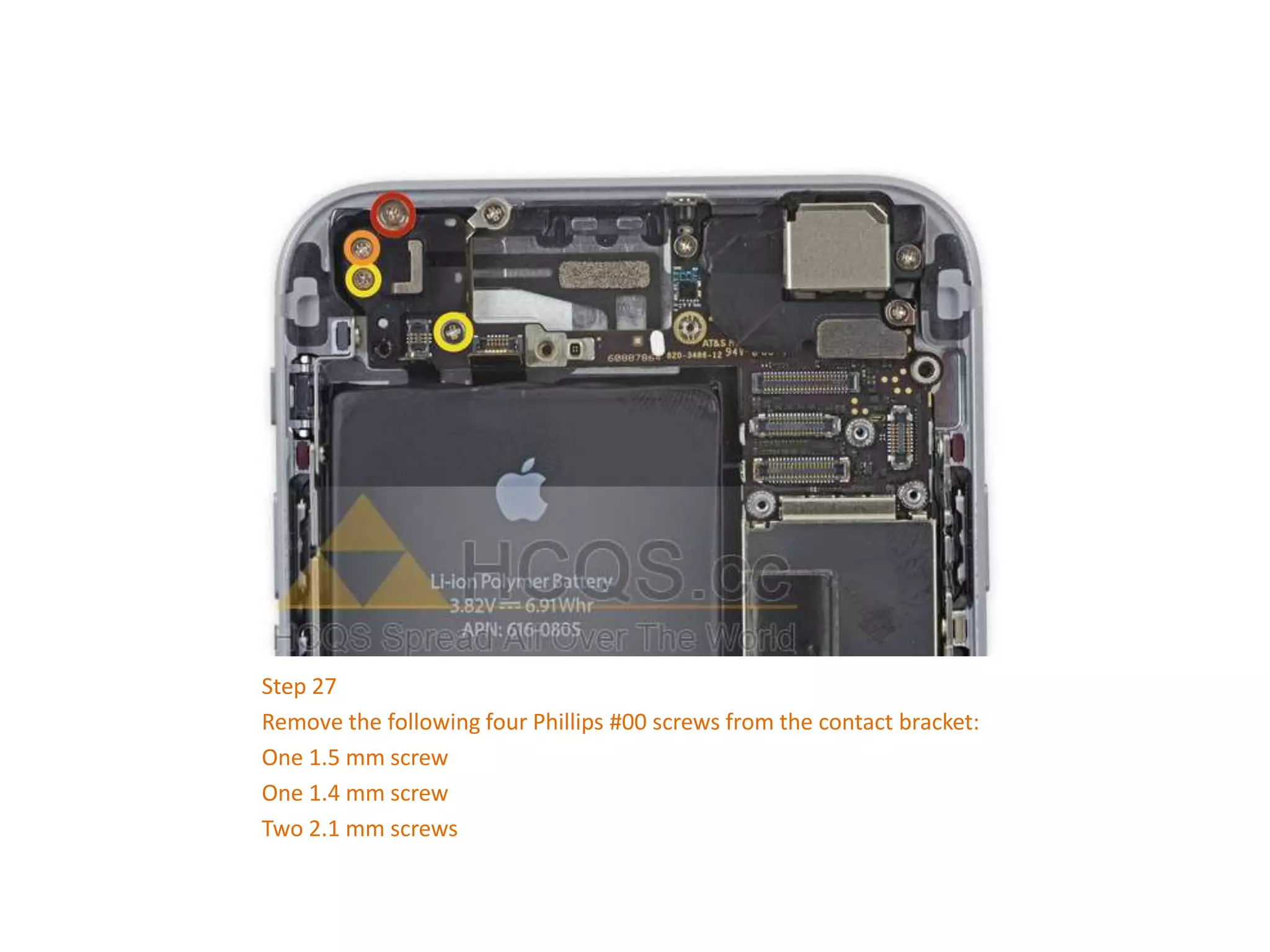 Step 27
Remove the following four Phillips #00 screws from the contact bracket:
One 1.5 mm screw
One 1.4 mm screw
Two 2.1 mm screws
 