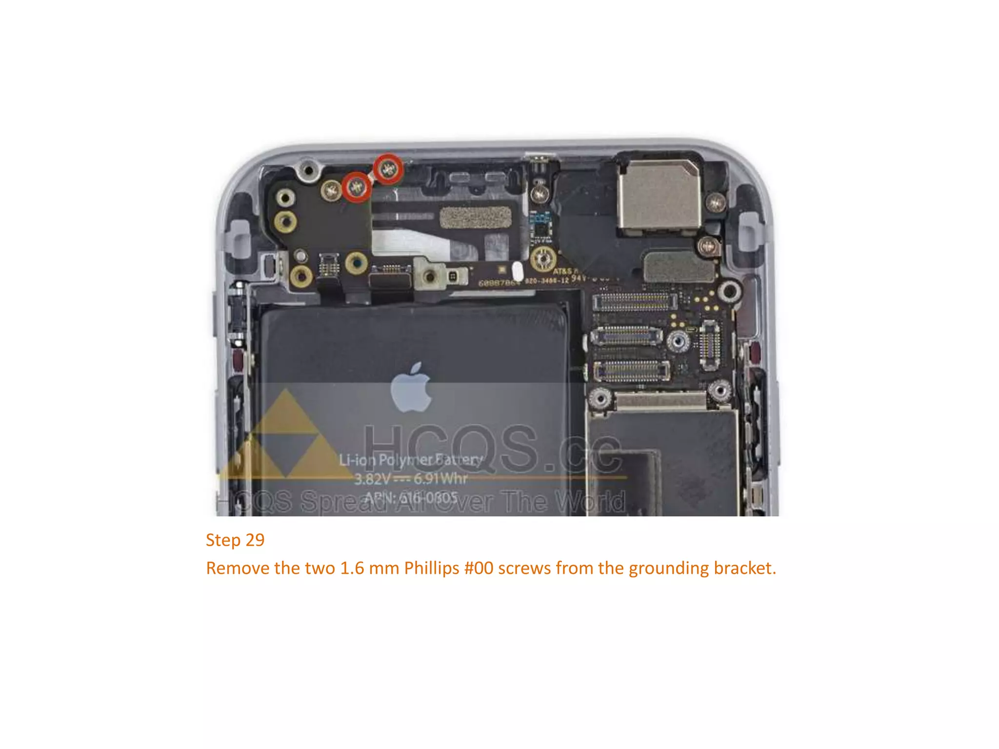 Step 29
Remove the two 1.6 mm Phillips #00 screws from the grounding bracket.
 