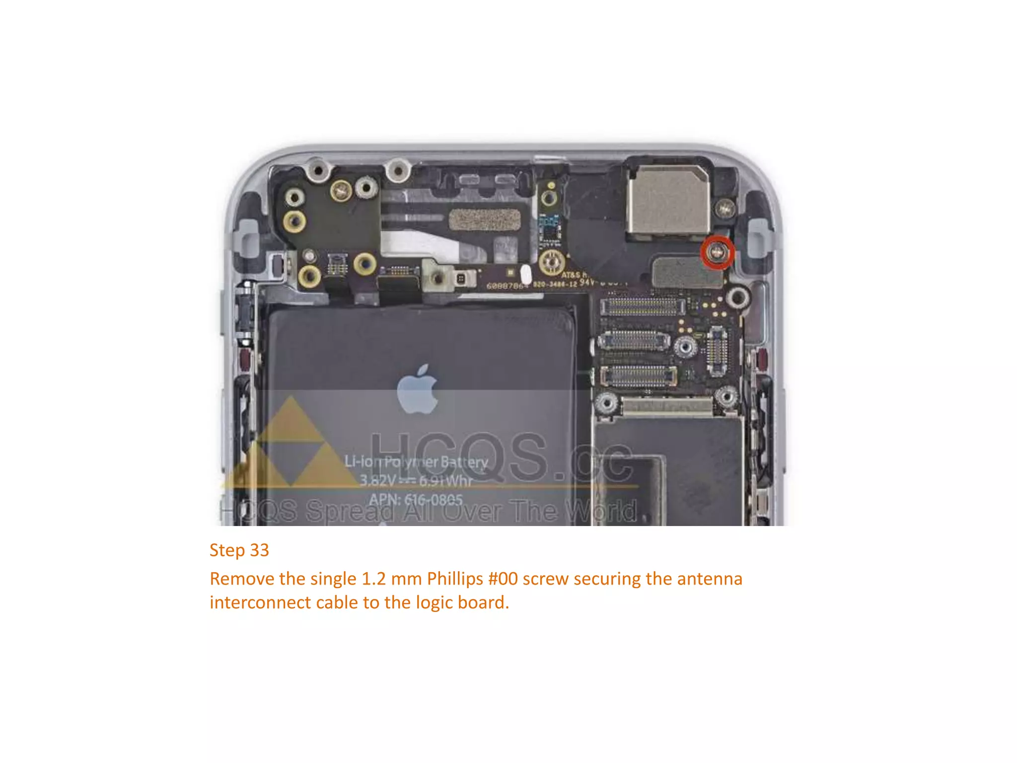 Step 33
Remove the single 1.2 mm Phillips #00 screw securing the antenna
interconnect cable to the logic board.
 
