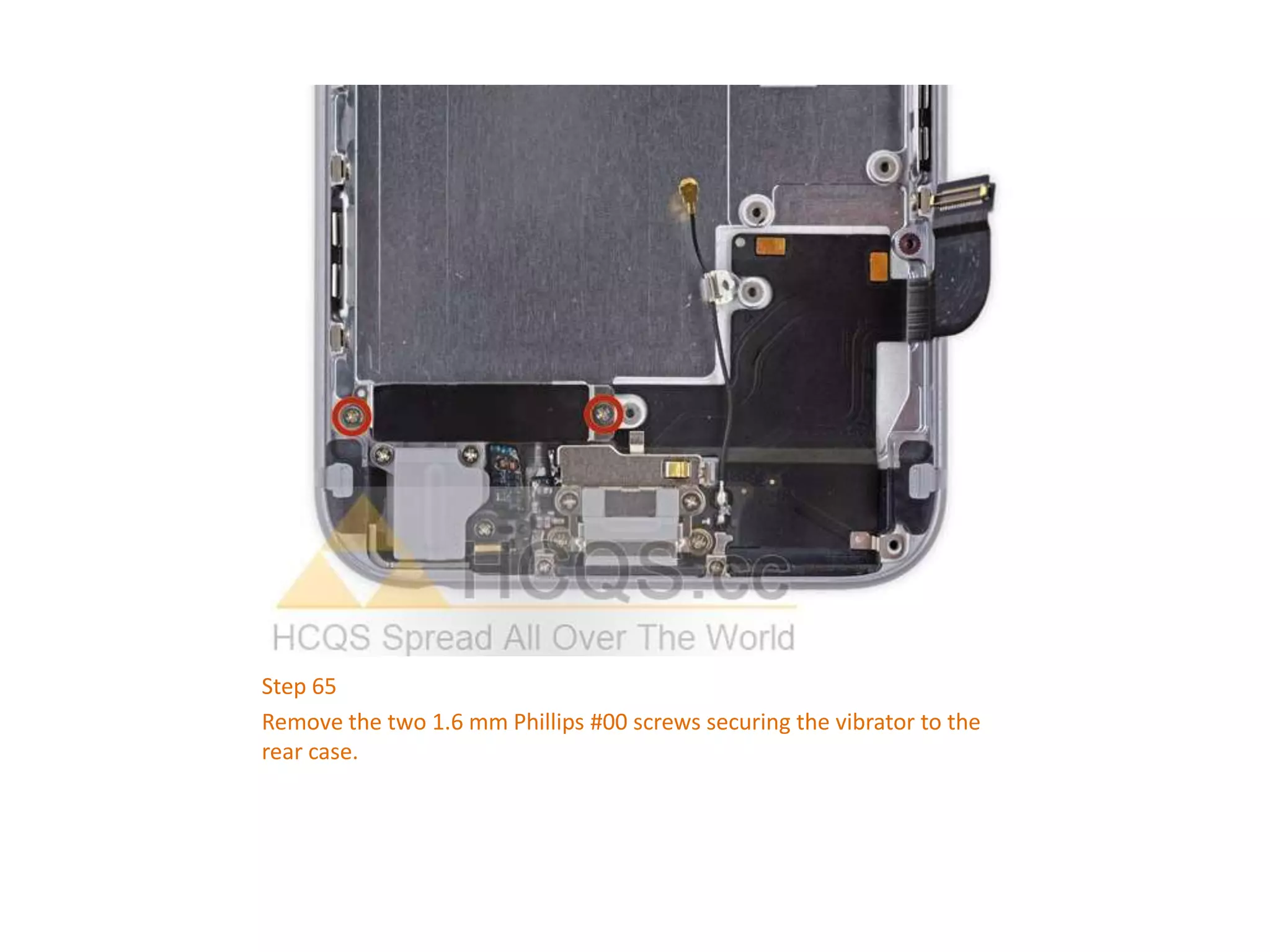 Step 65
Remove the two 1.6 mm Phillips #00 screws securing the vibrator to the
rear case.
 