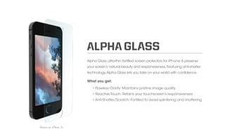 Alpha Glass ultra-thin fortified screen protectors for iPhone 6 preserve 
your screen’s natural beauty and responsiveness. Featuring anti-shatter 
technology, Alpha Glass lets you take on your world with confidence. 
What you get: 
• Flawless Clarity: Maintains pristine image quality 
• Reactive Touch: Retains your touchscreen’s responsiveness 
• Anti-Shatter/Scratch: Fortified to avoid splintering and shattering 
Shown on iPhone 5s 
 