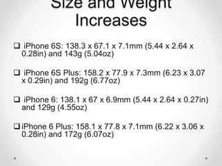 Size and Weight
Increases
 iPhone 6S: 138.3 x 67.1 x 7.1mm (5.44 x 2.64 x
0.28in) and 143g (5.04oz)
 iPhone 6S Plus: 158.2 x 77.9 x 7.3mm (6.23 x 3.07
x 0.29in) and 192g (6.77oz)
 iPhone 6: 138.1 x 67 x 6.9mm (5.44 x 2.64 x 0.27in)
and 129g (4.55oz)
iPhone 6 Plus: 158.1 x 77.8 x 7.1mm (6.22 x 3.06 x
0.28in) and 172g (6.07oz)
 
