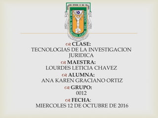 
 CLASE:
TECNOLOGIAS DE LA INVESTIGACION
JURIDICA
 MAESTRA:
LOURDES LETICIA CHAVEZ
 ALUMNA:
ANA KAREN GRACIANO ORTIZ
 GRUPO:
0012
 FECHA:
MIERCOLES 12 DE OCTUBRE DE 2016
 