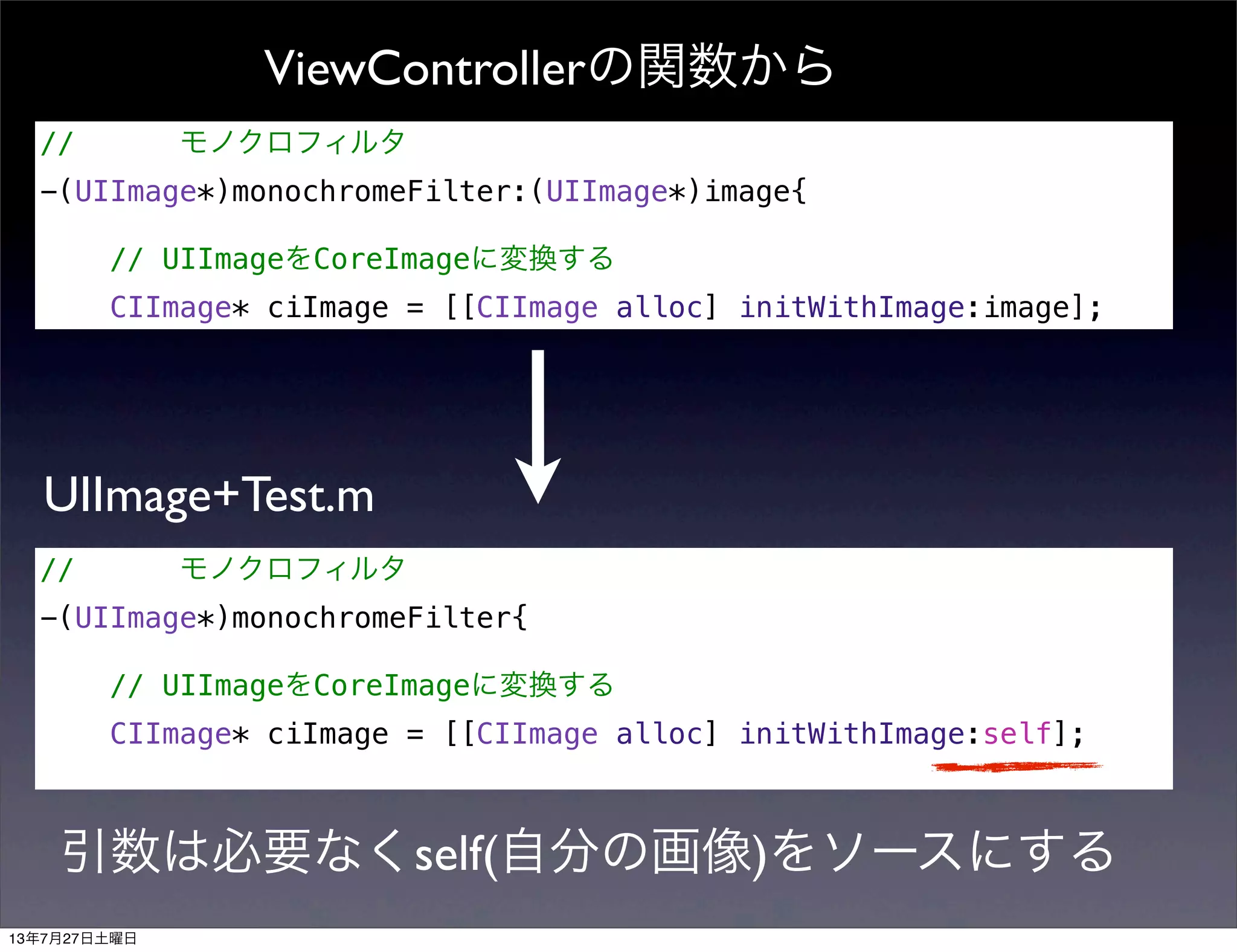 // モノクロフィルタ
-(UIImage*)monochromeFilter:(UIImage*)image{
// UIImageをCoreImageに変換する
CIImage* ciImage = [[CIImage alloc] initWithImage:image];
ViewControllerの関数から
// モノクロフィルタ
-(UIImage*)monochromeFilter{
// UIImageをCoreImageに変換する
CIImage* ciImage = [[CIImage alloc] initWithImage:self];
UIImage+Test.m
引数は必要なくself(自分の画像)をソースにする
13年7月27日土曜日
 