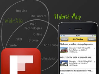 Impulse
               Site Concept      Hybrid App
WebSite         Web
            Technologies
                  Online
      SEO      Browser
 Surfer                    App Concept

    Share
                     Professional

          WebApp
 