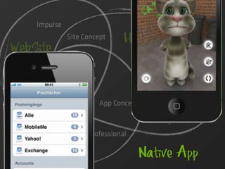 Impulse
               Site Concept      Hybrid App
WebSite         Web
            Technologien                 Katalog      Platform
                                                     speziﬁsch
                  Online
                                         Bewertungen
      SEO      Browser                                     SDK
 Surfer                    App Concept             Shop

    Share                                 User Updates
                     Professional

          WebApp                         Native App
 
