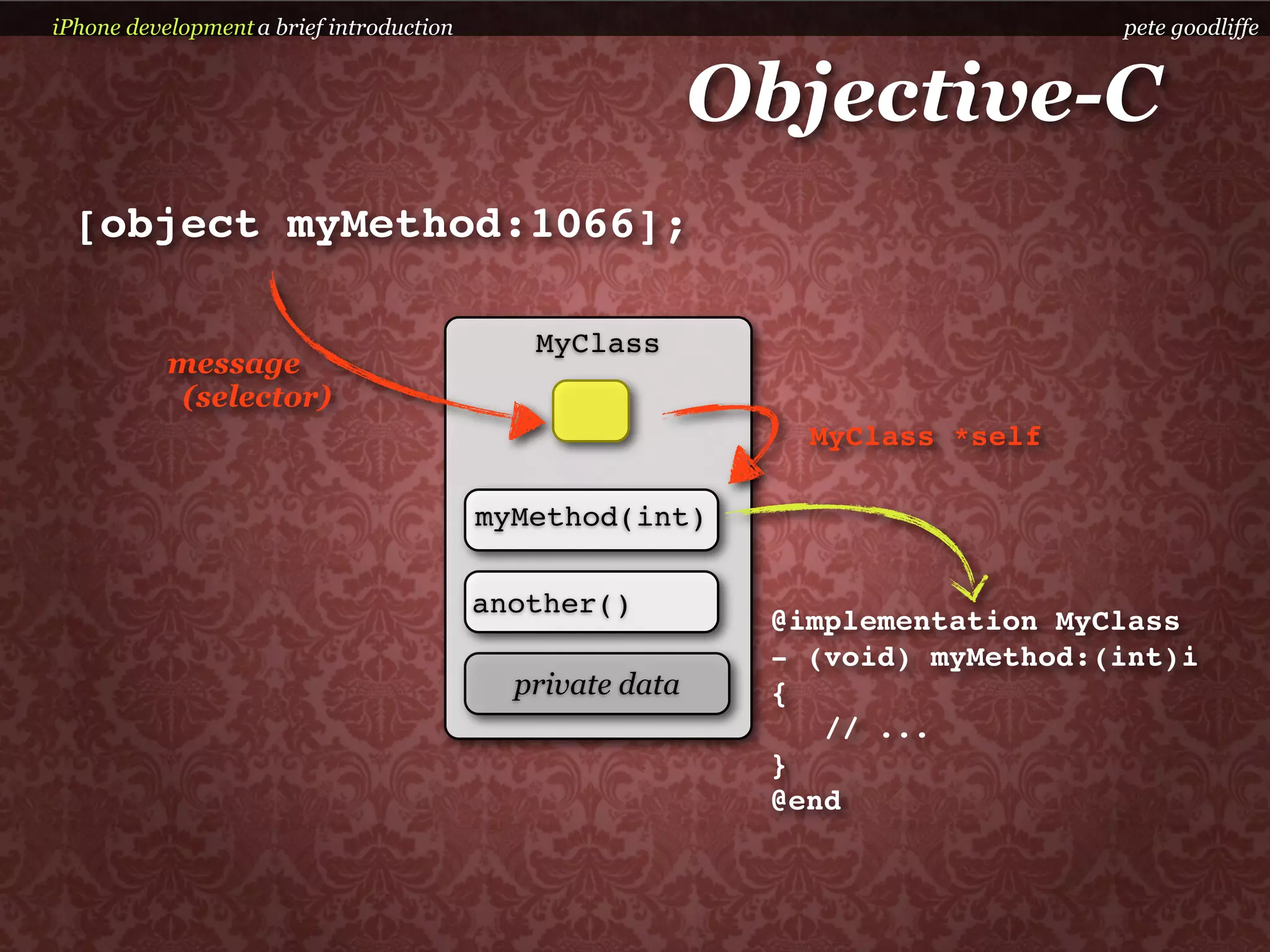 iPhone development a brief introduction                                        pete goodliffe


                                                           Objective-C
  [object myMethod:1066];

                                             MyClass
           message
            (selector)
                                                              MyClass *self

                                          myMethod(int)

                                          another()
                                                            @implementation MyClass
                                                            - (void) myMethod:(int)i
                                            private data    {
                                                               // ...
                                                            }
                                                            @end
 