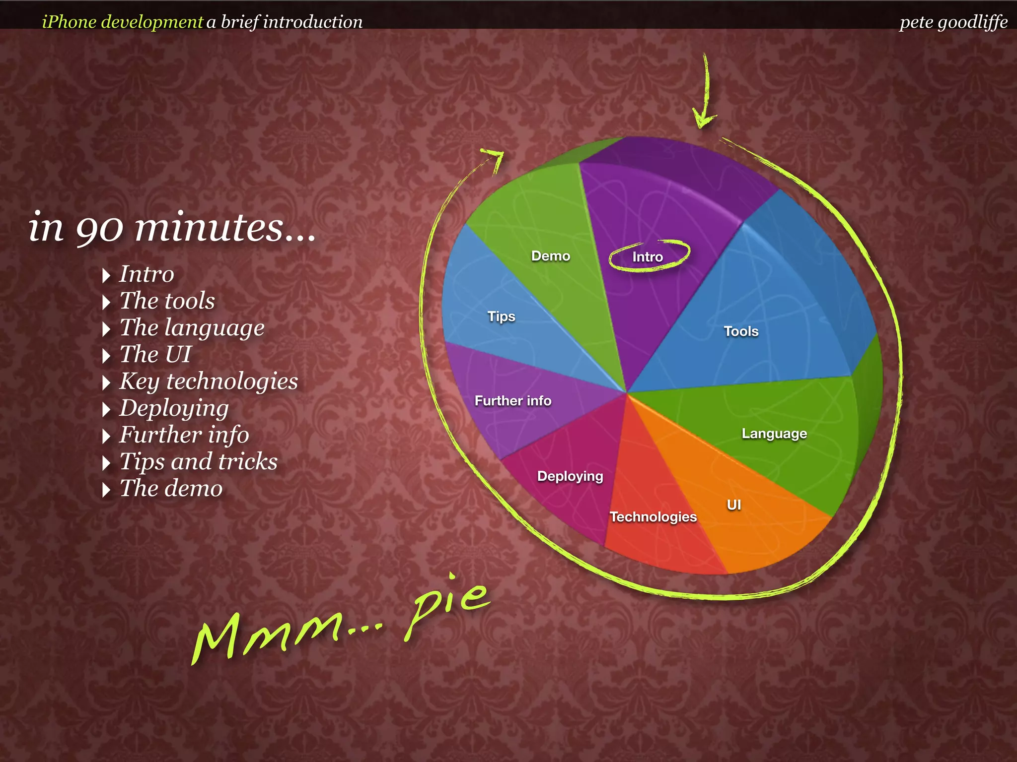 iPhone development a brief introduction                                                       pete goodliffe




in 90 minutes...                                   Demo           Intro
      ‣ Intro
      ‣ The tools                           Tips
      ‣ The language                                                          Tools

      ‣ The UI
      ‣ Key technologies
      ‣ Deploying                         Further info

      ‣ Further info                                                               Language

      ‣ Tips and tricks                            Deploying
      ‣ The demo                                                              UI
                                                               Technologies




                    m… pie
                 Mm
 