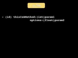 .m ﬁle


- (id) thisIsAMethod:(int)param1
                 options:(float)param2
 