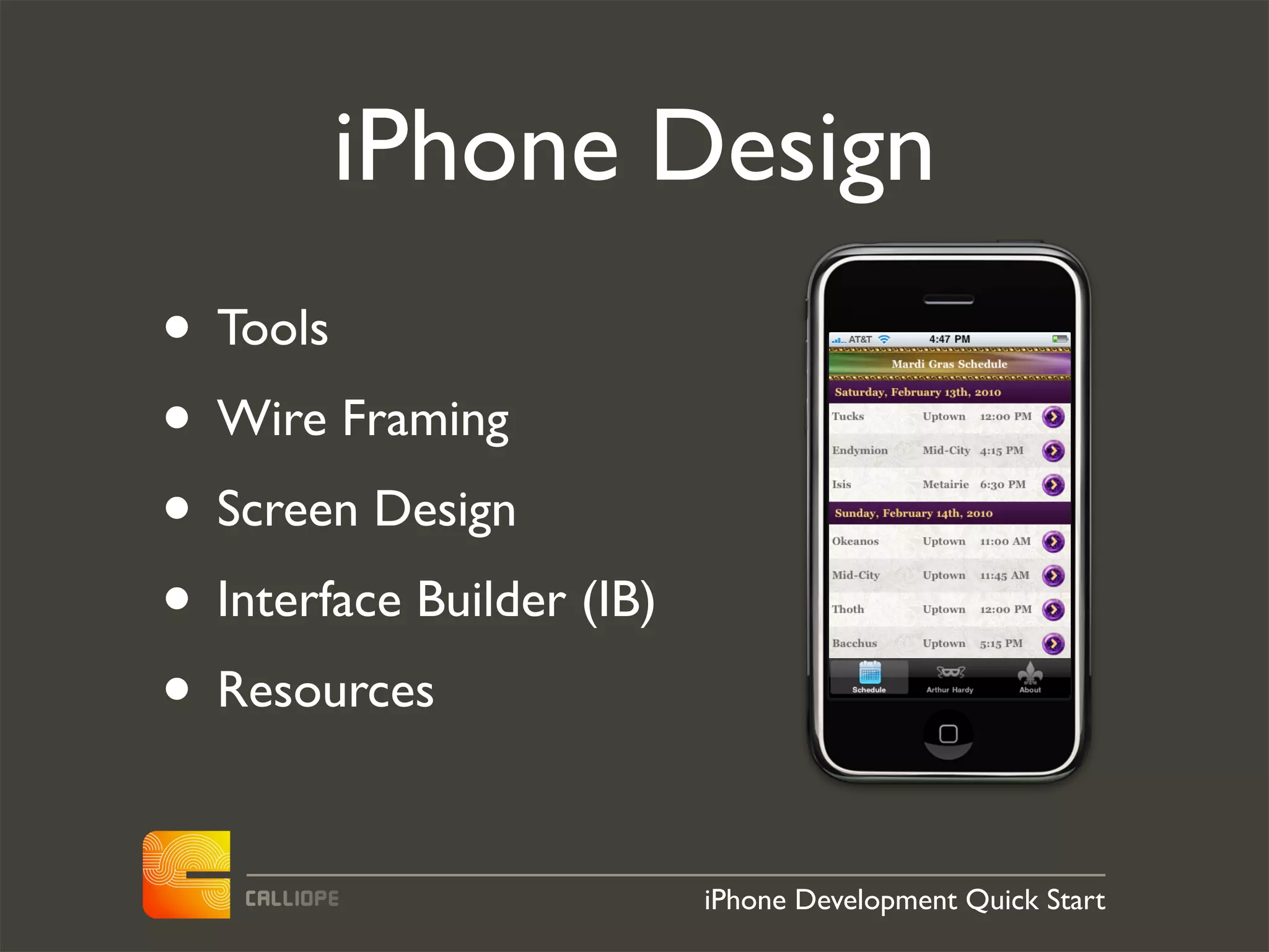 iPhone Design
• Tools
• Wire Framing
• Screen Design
• Interface Builder (IB)
• Resources

                           iPhone Development Quick Start
 