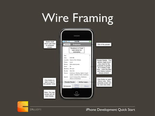 Wire Framing
   Button shall
 return user back
                     Schedule            Endymion                     Title of the parade.
    to schedule
      screen.
                                 Doubloon or Crest
                                  (see article for
                                    examples)

                    Date
                    Time        6:00 PM
                    Location Uptown New Orleans                       Parade Details. This
                    Theme       secret                                 section might scroll
                    History     69th annual parade                      (box only) for the
                    Floats      28
                                                                       purposes of growth,
                                                                        as it maybe a web
                    Members 665 men
                                                                      view. I want the Map
                    Royalty     John Doe                               and History buttons
                    Throws      doubloons, ﬂashing, lighted winged       always present.
                                sandals, medallion beads, doubloons
                    Special     award-winning ﬂoats, ﬂambeaux,
                                ofﬁcers on horseback
                                                                      Click Button to open
  Click Button to
                                                                       history note. Story
  open a map of      Parade Route                Arthur says...
                                                                      template screen will
the parade route.
                                          Arthur                      be used (last slide).
                    Schedule                              About
                                          Hardy


 Note: The map
 screen will not
  need design.




                                                              iPhone Development Quick Start
 