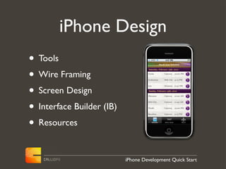 iPhone Design
• Tools
• Wire Framing
• Screen Design
• Interface Builder (IB)
• Resources

                           iPhone Development Quick Start
 