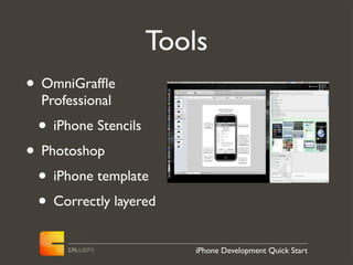 Tools
• OmniGrafﬂe
  Professional
 • iPhone Stencils
• Photoshop
 • iPhone template
 • Correctly layered
                         iPhone Development Quick Start
 