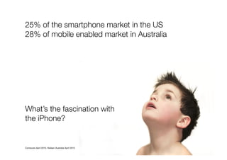 Comscore April 2010, Nielsen Australia April 2010
25% of the smartphone market in the US
28% of mobile enabled market in Australia
What’s the fascination with
the iPhone?
 