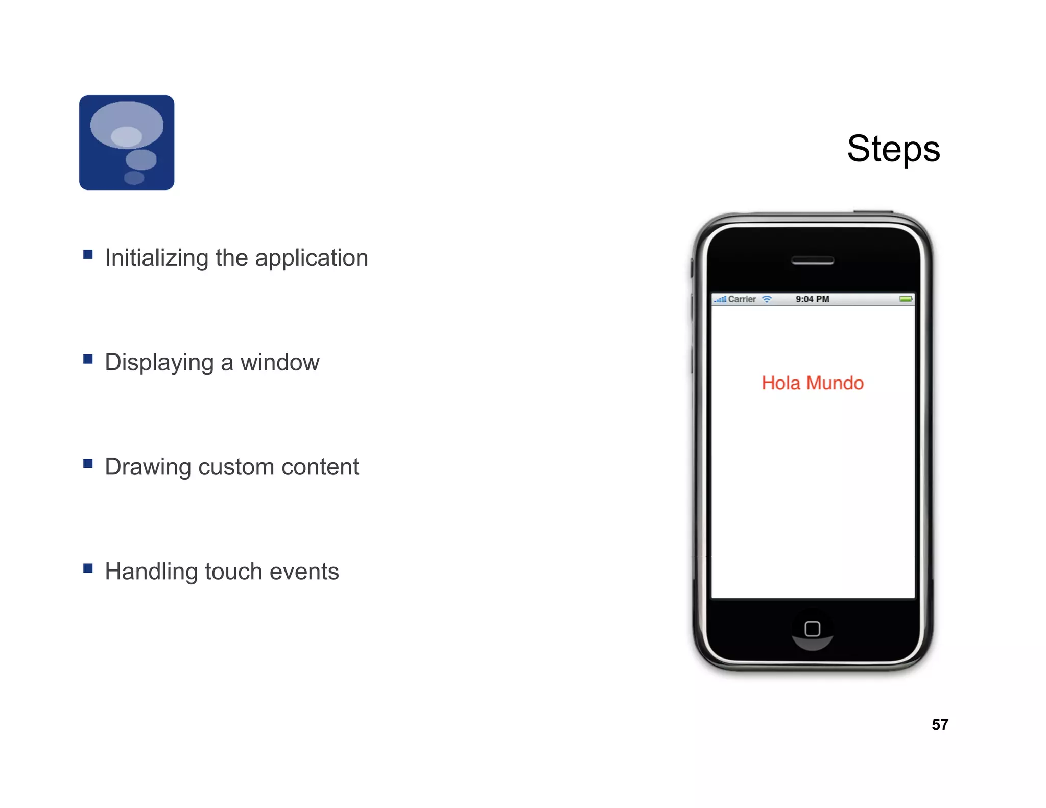 Steps

Initializing the
I iti li i th application
                 li ti



Displaying a window



Drawing custom content



Handling touch events




                                57
 