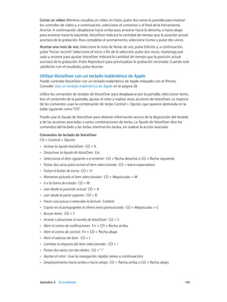 Apéndice A    Accesibilidad	 145
Cortar un vídeo: Mientras visualiza un vídeo en Fotos, pulse dos veces la pantalla para mostrar
los controles de vídeo y, a continuación, seleccione el comienzo o el final de la herramienta
Acortar. A continuación, desplácese hacia arriba para arrastrar hacia la derecha, o hacia abajo
para arrastrar hacia la izquierda. VoiceOver indicará la cantidad de tiempo que la posición actual
acortará de la grabación. Para completar el acortamiento, seleccione Cortar y pulse dos veces.
Acortar una nota de voz: Seleccione la nota de Notas de voz, pulse Edición y, a continuación,
pulse“Iniciar recorte”. Seleccione el inicio o fin de la selección, pulse dos veces, mantenga pul-
sado y arrastre para ajustar. VoiceOver indicará la cantidad de tiempo que la posición actual
acortará de la grabación. Pulse Reproducir para previsualizar la grabación recortada. Cuando esté
satisfecho con el resultado, pulse Acortar.
Utilizar VoiceOver con un teclado inalámbrico de Apple
Puede controlar VoiceOver con un teclado inalámbrico de Apple enlazado con el iPhone.
Consulte Usar un teclado inalámbrico de Apple en la página 28.
Utilice los comandos de teclado de VoiceOver para desplazarse por la pantalla, seleccionar ítems,
leer el contenido de la pantalla, ajustar el rotor y realizar otras acciones de VoiceOver. La mayoría
de los comandos usan la combinación de teclas Control + Opción, que aparece abreviada en la
tabla siguiente como“CO”.
Puede usar la Ayuda de VoiceOver para obtener información acerca de la disposición del teclado
y de las acciones asociadas a varias combinaciones de teclas. La Ayuda de VoiceOver dice los
comandos del teclado y las teclas mientras los teclea, sin realizar la acción asociada.
Comandos de teclado de VoiceOver
CO = Control + Opción
•• Activar la Ayuda VoiceOver:  CO + K
•• Desactivar la Ayuda de VoiceOver:  Esc
•• Seleccionar el ítem siguiente o el anterior:  CO + flecha derecha o CO + flecha izquierda
•• Pulsar dos veces para activar el ítem seleccionado:  CO + barra espaciadora
•• Pulsar el botón de inicio:  CO + H
•• Mantener pulsado el ítem seleccionado:  CO + Mayúsculas + M
•• Ir a la barra de estado:  CO + M
•• Leer desde la posición actual:  CO + A
•• Leer desde la parte superior:  CO + B
•• Hacer una pausa o reanudar la lectura:  Control
•• Copiar en el portapapeles el último texto pronunciado:  CO + Mayúsculas + C
•• Buscar texto:  CO + F
•• Activar o desactivar el sonido de VoiceOver:  CO + S
•• Abrir el centro de notificaciones:  Fn + CO + flecha arriba
•• Abrir el centro de control:  Fn + CO + flecha abajo
•• Abrir el selector de ítem.  CO + I
•• Cambiar la etiqueta del ítem seleccionado:  CO + /
•• Pulsar dos veces con dos dedos:  CO +“-”
•• Ajustar el rotor:  Usar la navegación rápida (véase a continuación)
•• Desplazamiento hacia arriba o hacia abajo:  CO + flecha arriba o CO + flecha abajo
 