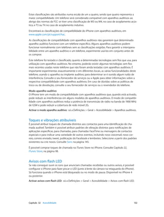 Estas classificações são atribuídas numa escala de um a quatro, sendo que quatro representa a 
maior compatibilidade. Um telefone será considerado compatível com aparelhos auditivos ao 
abrigo das normas da FCC se tiver uma classificação de M3 ou M4, no caso de acoplamento acús-tico, 
e T3 ou T4 no caso de acoplamento indutivo. 
Encontrará as classificações de compatibilidade do iPhone com aparelhos auditivos, em 
www.apple.com/pt/support/hac. 
As classificações de compatibilidade com aparelhos auditivos não garantem que determinado 
aparelho auditivo funcione com um telefone específico. Alguns aparelhos auditivos podem 
funcionar normalmente com telefones sem as classificações exigidas. Para garantir a interopera-bilidade 
entre um aparelho auditivo e um telefone, experimente usá-los em conjunto antes de 
os comprar. 
Este telefone foi testado e classificado, quanto a determinadas tecnologias sem fios que usa, para 
utilização com aparelhos auditivos. No entanto, poderão existir algumas tecnologias sem fios 
mais recentes usadas neste telefone que não foram ainda testadas com aparelhos auditivos. É 
importante experimentar, exaustivamente e em diferentes locais, as várias funcionalidades deste 
telefone, usando o aparelho ou implante auditivo, para determinar se é ouvido algum ruído de 
interferência. Consulte o seu fornecedor de serviços ou a Apple para obter informações sobre a 
respectiva compatibilidade com aparelhos auditivos. Em caso de dúvidas sobre as políticas de 
troca ou de devolução, consulte o seu fornecedor de serviços ou o revendedor do telefone. 
Modo aparelho auditivo 
O iPhone tem um modo de compatibilidade com aparelhos auditivos que, quando está activado, 
pode reduzir as interferências em alguns modelos de aparelhos auditivos. O modo de compatibi-lidade 
com aparelhos auditivos reduz a potência de transmissão de rádio na banda de 1900 MHz 
de GSM e pode reduzir a cobertura de rede móvel 2G. 
Activar o modo aparelho auditivo: vá a Definições > Geral > Acessibilidade > Aparelhos auditivos. 
Toques e vibrações atribuíveis 
É possível atribuir toques de chamada distintos aos contactos para uma identificação de cha-mada 
audível. Também é possível atribuir padrões de vibração distintos para notificações de 
aplicações específicas, para chamadas, para chamadas FaceTime ou mensagens de contactos 
especiais e para indicar uma variedade de outros eventos, incluindo novo voicemail, novo cor-reio, 
correio enviado, tweet, publicação do Facebook e lembretes. Seleccione a partir dos padrões 
existentes ou crie novos. Consulte Sons na página 145. 
É possível comprar toques de chamada na iTunes Store no iPhone. Consulte Capítulo 22, 
iTunes Store, na página 98. 
Avisos com flash LED 
Se não conseguir ouvir os sons que anunciam chamadas recebidas ou outros avisos, é possível 
configurar o iPhone para fazer piscar o LED (junto à lente da câmara na retaguarda do iPhone). 
Só funciona quando o iPhone está bloqueado ou no modo de pausa. Disponível no iPhone 4 
ou posterior. 
Activar avisos com flash LED: vá a Definições > Geral > Acessibilidade > Avisos com flash LED. 
Capítulo 32 Acessibilidade 132 
 