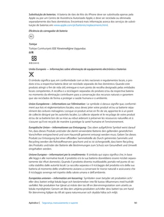 Substituição de baterias: A bateria de iões de lítio do iPhone deve ser substituída apenas pela 
Apple ou por um Centro de Assistência Autorizado Apple, e deve ser reciclada ou eliminada 
separadamente dos lixos domésticos. Encontrará mais informação acerca dos serviços de substi-tuição 
de baterias em: www.apple.com/pt/batteries/replacements.html. 
Eficiência do carregador de bateria 
Türkiye 
Türkiye Cumhuriyeti: EEE Yönetmeliğine Uygundur. 
União Europeia — Informações sobre eliminação de equipamento electrónico e baterias 
O símbolo significa que, em conformidade com as leis nacionais e regulamentos locais, o pro-duto 
e/ou a respectiva bateria deve ser reciclado separado do lixo doméstico. Quando este 
produto atingir o fim de vida útil, entregue-o num ponto de recolha designado pelas entidades 
locais competentes. A recolha e a reciclagem separadas do produto e/ou da respectiva bateria 
no momento da eliminação contribuem para a conservação dos recursos naturais e garantem 
que são reciclados de forma a proteger a saúde humana e o ambiente. 
Union Européenne—informations sur l’élimination: Le symbole ci-dessus signifie que, conformé-ment 
aux lois et réglementations locales, vous devez jeter votre produit et/ou sa batterie sépa-rément 
des ordures ménagères. Lorsque ce produit arrive en fin de vie, apportez-le à un point 
de collecte désigné par les autorités locales. La collecte séparée et le recyclage de votre produit 
et/ou de sa batterie lors de sa mise au rebut aideront à préserver les ressources naturelles et à 
s’assurer qu’il est recyclé de manière à protéger la santé humaine et l’environnement. 
Europäische Union—Informationen zur Entsorgung: Das oben aufgeführte Symbol weist darauf 
hin, dass dieses Produkt und/oder die damit verwendete Batterie den geltenden gesetzlichen 
Vorschriften entsprechend und vom Hausmüll getrennt entsorgt werden muss. Geben Sie dieses 
Produkt zur Entsorgung bei einer offiziellen Sammelstelle ab. Durch getrenntes Sammeln und 
Recycling werden die Rohstoffreserven geschont und es ist sichergestellt, dass beim Recycling 
des Produkts und/oder der Batterie alle Bestimmungen zum Schutz von Gesundheit und Umwelt 
eingehalten werden. 
Unione Europea—informazioni per lo smaltimento: Il simbolo qui sopra significa che, in base 
alle leggi e alle normative locali, il prodotto e/o la sua batteria dovrebbero essere riciclati separa-tamente 
dai rifiuti domestici. Quando il prodotto diventa inutilizzabile, portalo nel punto di rac-colta 
stabilito dalle autorità locali. La raccolta separata e il riciclaggio del prodotto e/o della sua 
batteria al momento dello smaltimento aiutano a conservare le risorse naturali e assicurano che 
il riciclaggio avvenga nel rispetto della salute umana e dell’ambiente. 
Europeiska unionen—information om kassering: Symbolen ovan betyder att produkten och/ 
eller dess batteri enligt lokala lagar och bestämmelser inte får kastas tillsammans med hushåll-savfallet. 
När produkten har tjänat ut måste den tas till en återvinningsstation som utsetts av 
lokala myndigheter. Genom att låta den uttjänta produkten och/eller dess batteri tas om hand 
för återvinning hjälper du till att spara naturresurser och skydda hälsa och miljö. 
Apêndice C Segurança, manuseamento e suporte 161 
 
